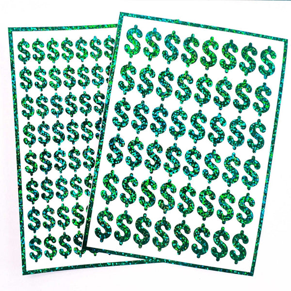 Dollar Sign Money Stickers for household budgets, financial planning and cash stuffing envelopes. Set of 48 green glitter dollar signs.