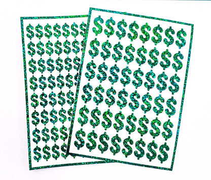 Dollar Sign Money Stickers for household budgets, financial planning and cash stuffing envelopes. Set of 48 green glitter dollar signs.