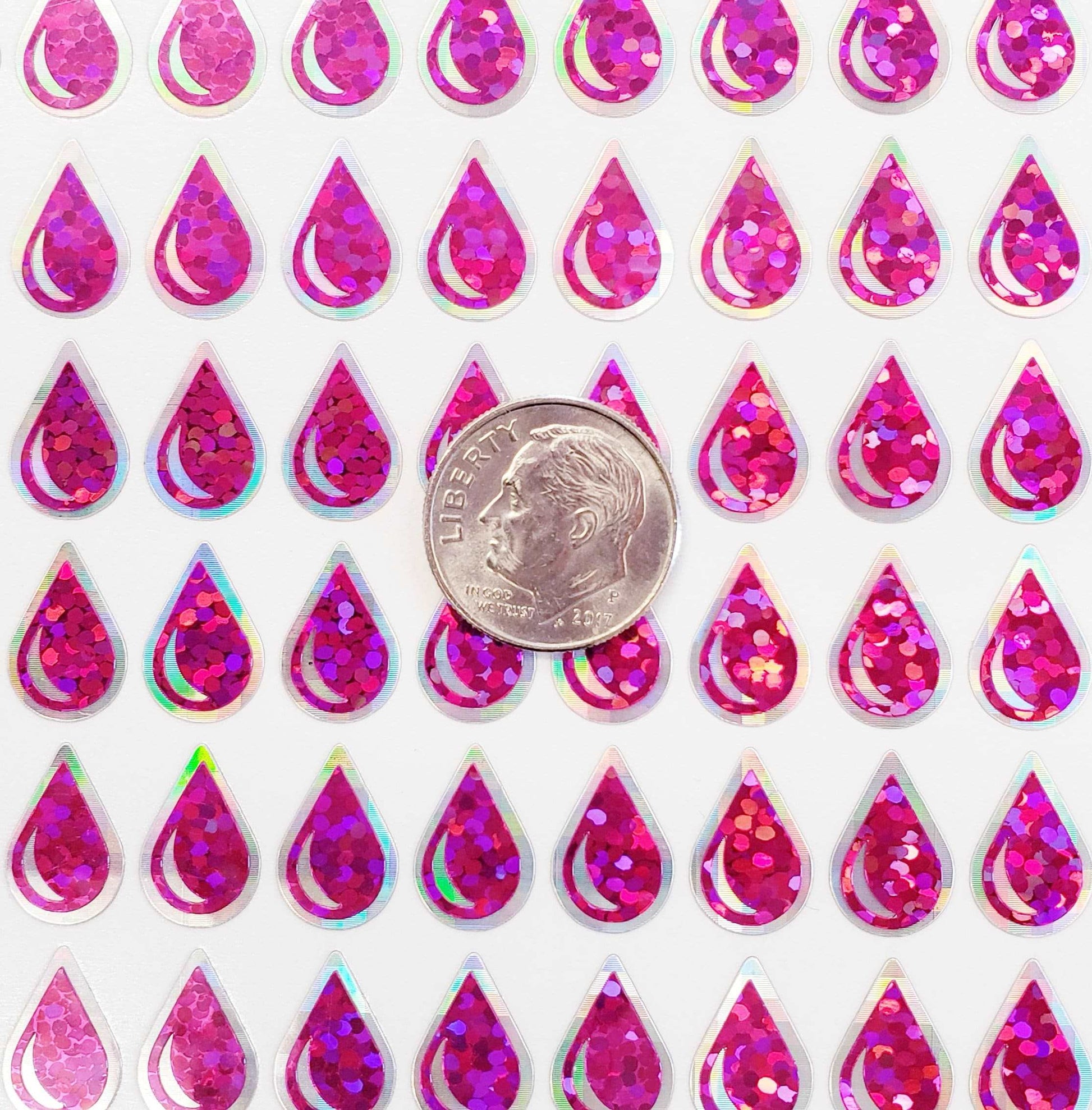 Hot Pink Water Drop Stickers, set of 136 sparkly magenta pink raindrop vinyl decals, drink water tracker for journals and notebooks