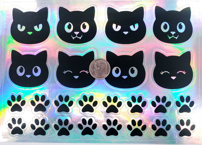 Cute Cat Sticker Sheet, black and silver holographic stickers of cats and pawprints