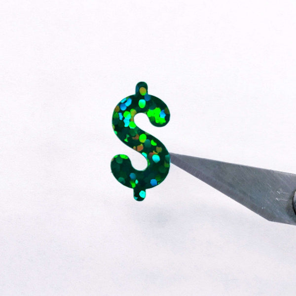 Dollar Sign Money Stickers for household budgets, financial planning and cash stuffing envelopes. Set of 88 small green glitter dollar signs