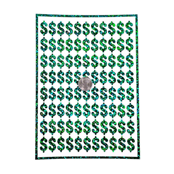 Dollar Sign Money Stickers for household budgets, financial planning and cash stuffing envelopes. Set of 88 small green glitter dollar signs