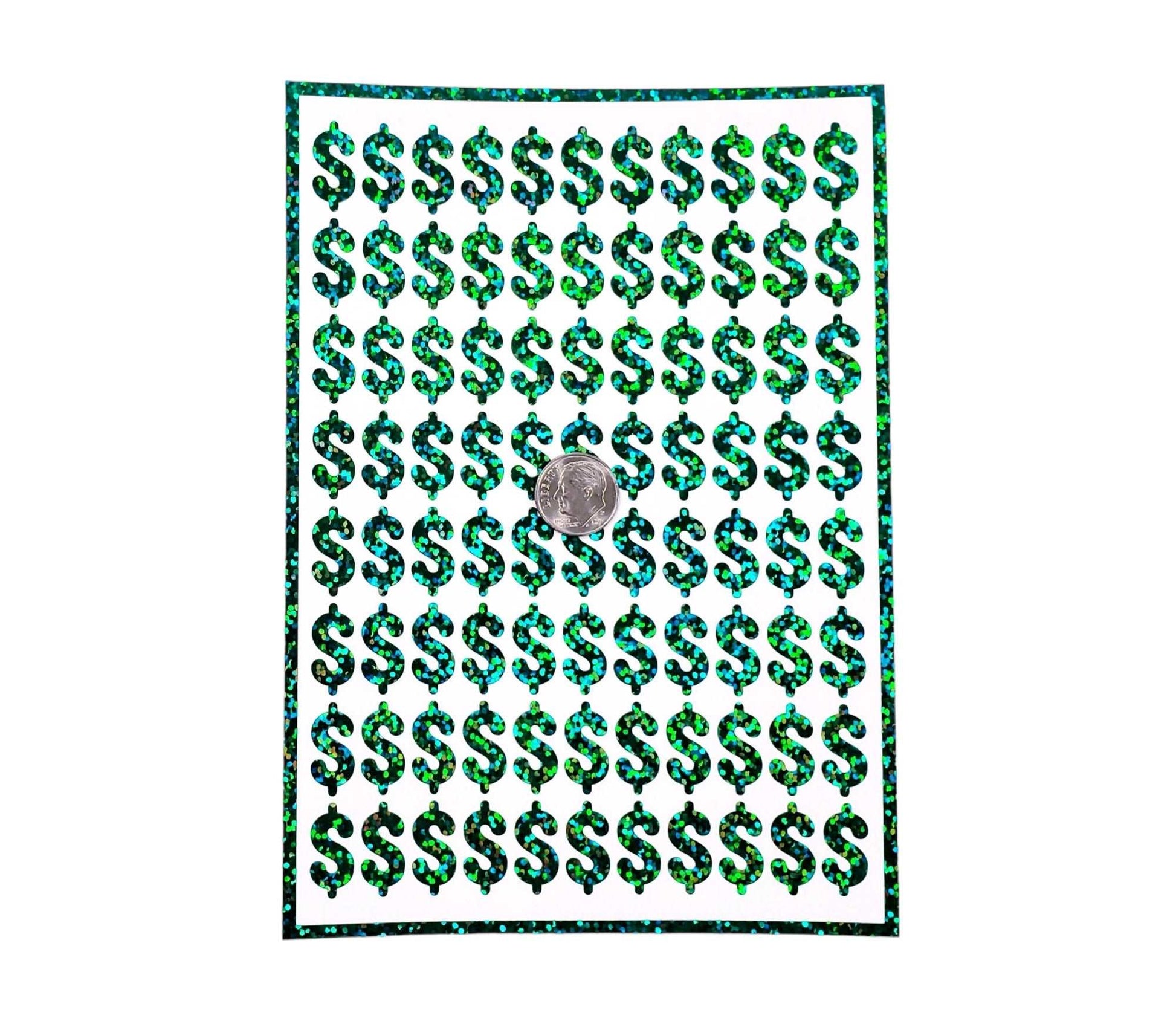 Dollar Sign Money Stickers for household budgets, financial planning and cash stuffing envelopes. Set of 88 small green glitter dollar signs
