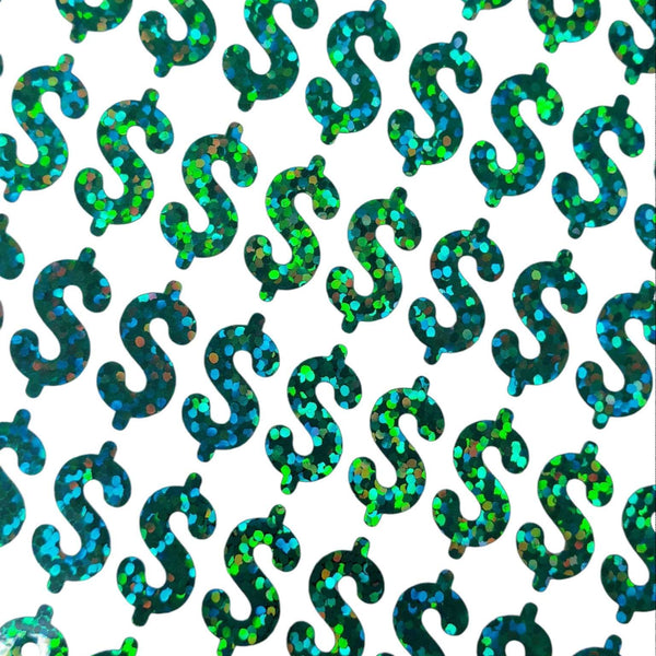 Dollar Sign Money Stickers for household budgets, financial planning and cash stuffing envelopes. Set of 88 small green glitter dollar signs