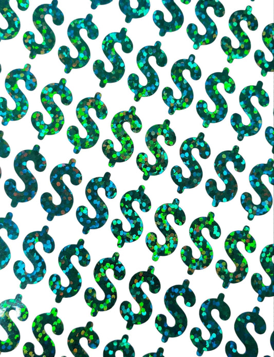 Dollar Sign Money Stickers for household budgets, financial planning and cash stuffing envelopes. Set of 88 small green glitter dollar signs