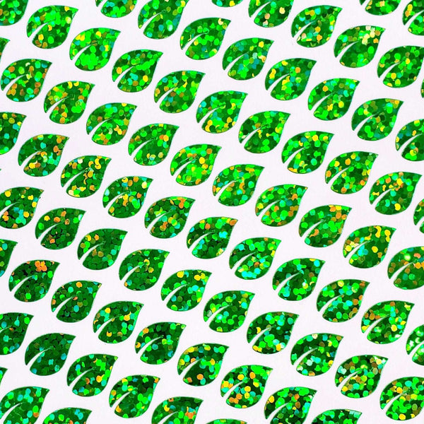 Leaf Mini Stickies, set of 195 sparkly bright green tiny leaf decals.