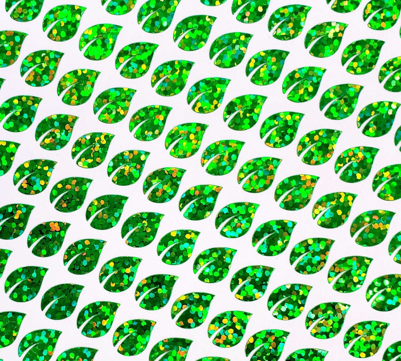 Leaf Mini Stickies, set of 195 sparkly bright green tiny leaf decals.