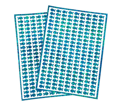 Fish Stickies, set of 198 sparkly turquoise mini fish stickers.