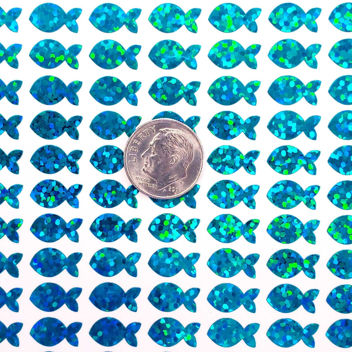 Fish Stickies, set of 198 sparkly turquoise mini fish stickers.