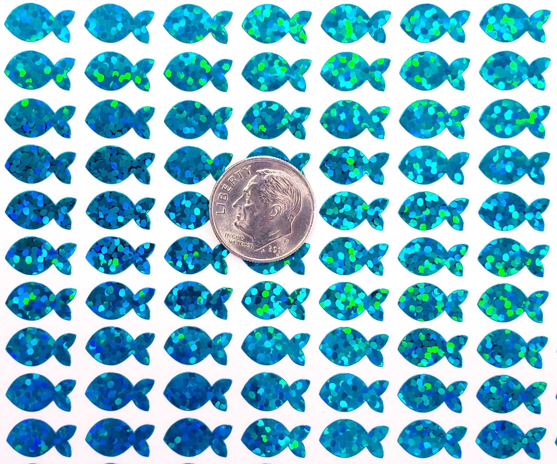 Fish Stickies, set of 198 sparkly turquoise mini fish stickers.