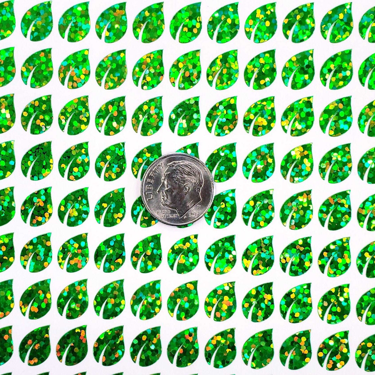 Leaf Mini Stickies, set of 195 sparkly bright green tiny leaf decals.
