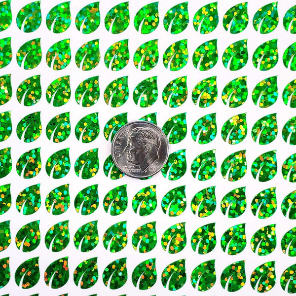 Leaf Mini Stickies, set of 195 sparkly bright green tiny leaf decals.