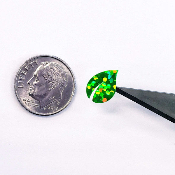 Leaf Mini Stickies, set of 195 sparkly bright green tiny leaf decals.