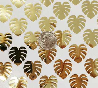 Gold tropical jungle leaf stickers, set of 25, 50 or 100 Monstera Palm Leaf decals for envelopes, planners, scrapbooking and journals