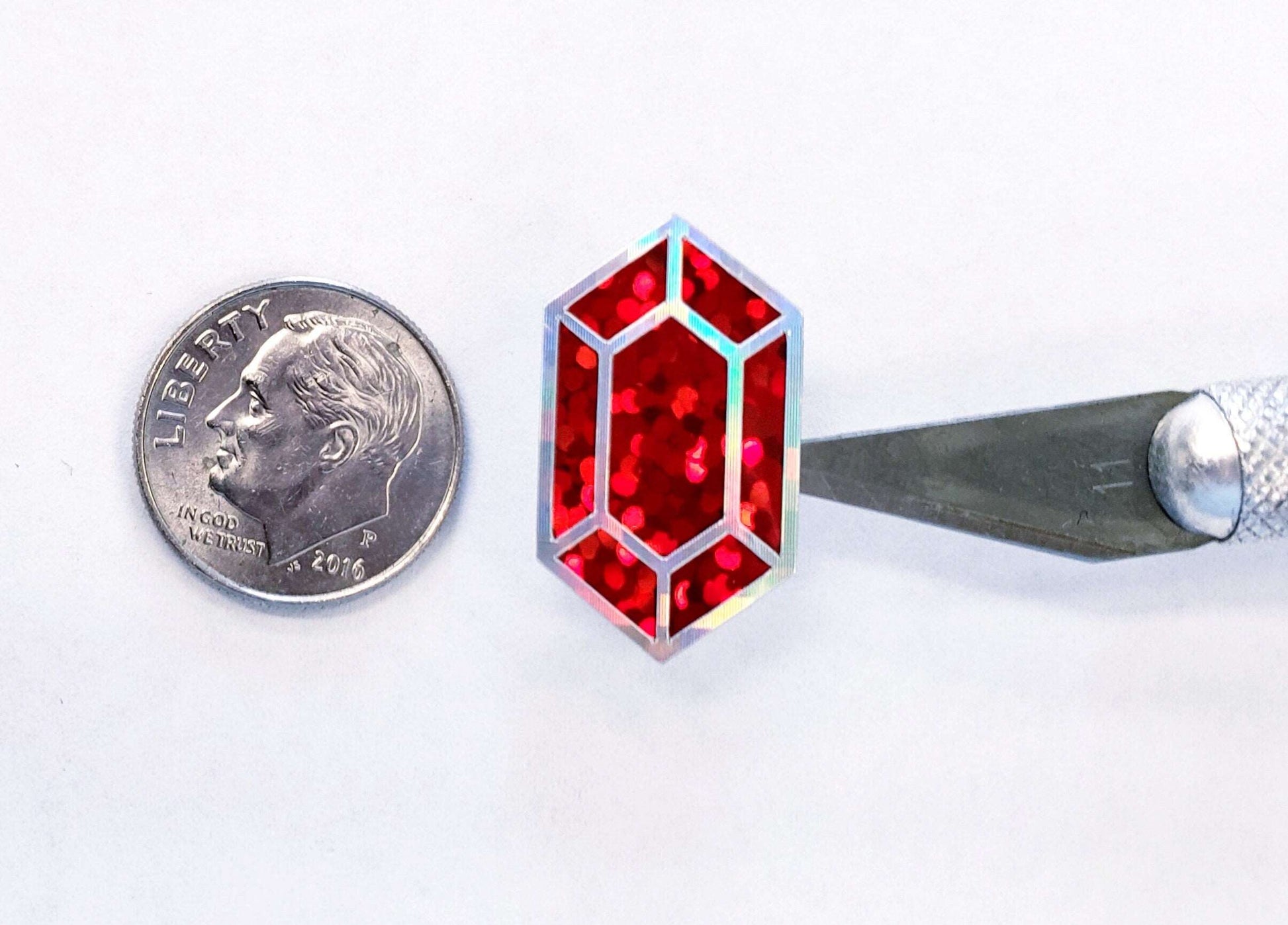 Red gemstone stickers, set of 36 small sparkly ruby gem shaped vinyl decals for laptops, notebooks, journals. Treasure stickers for gamers.