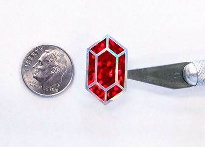 Red gemstone stickers, set of 36 small sparkly ruby gem shaped vinyl decals for laptops, notebooks, journals. Treasure stickers for gamers.