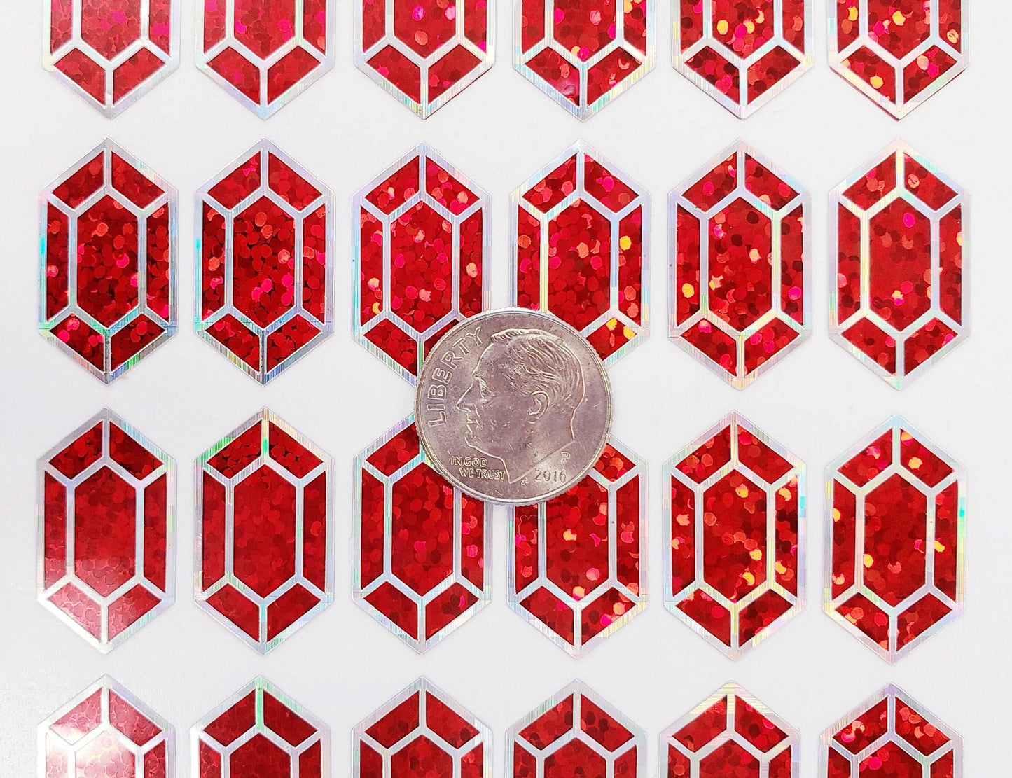 Red gemstone stickers, set of 36 small sparkly ruby gem shaped vinyl decals for laptops, notebooks, journals. Treasure stickers for gamers.
