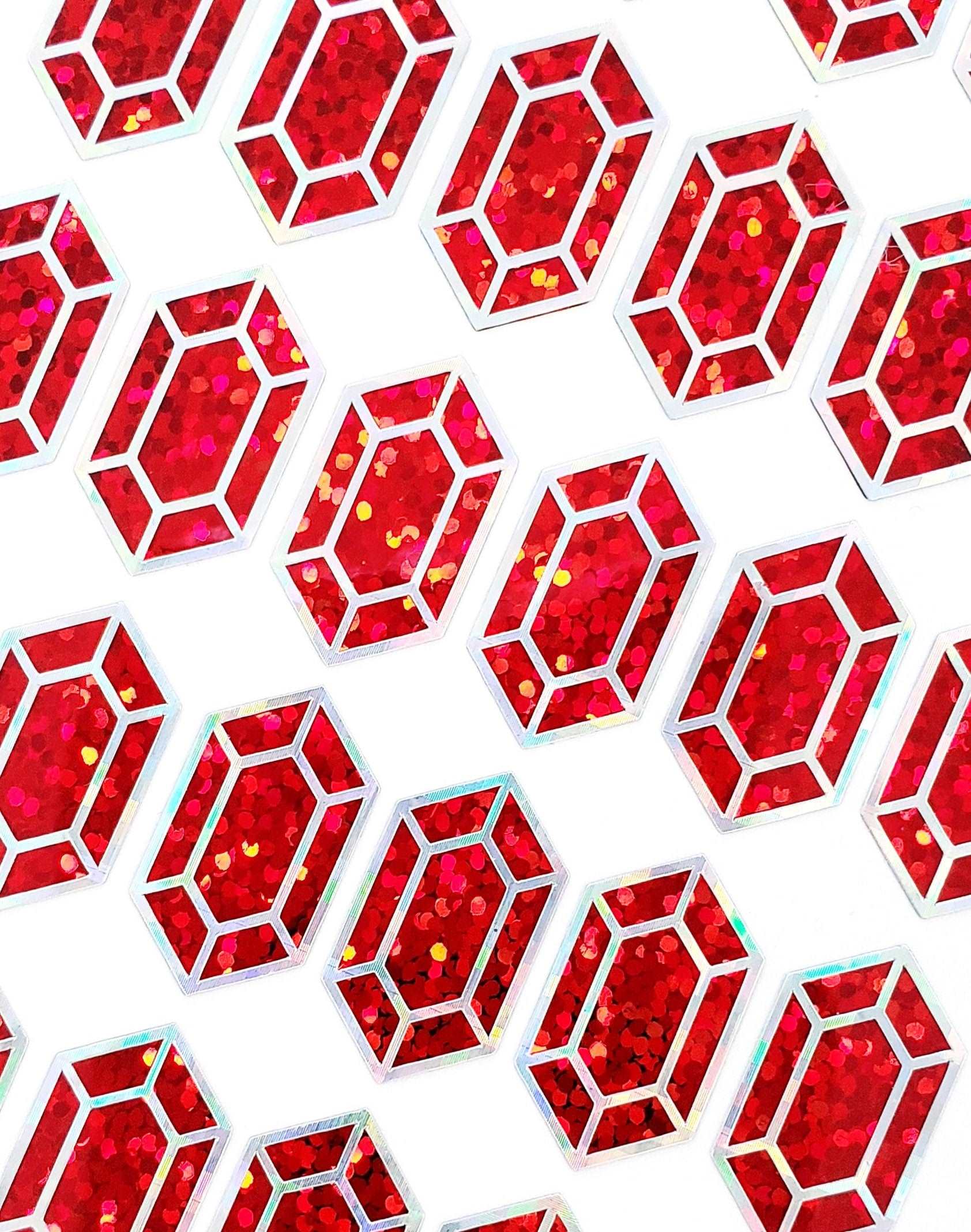Red gemstone stickers, set of 36 small sparkly ruby gem shaped vinyl decals for laptops, notebooks, journals. Treasure stickers for gamers.