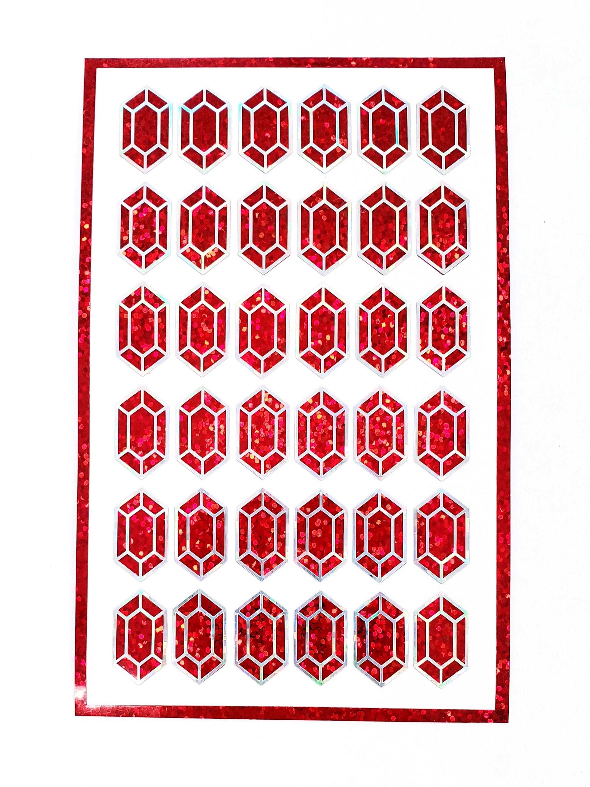 Red gemstone stickers, set of 36 small sparkly ruby gem shaped vinyl decals for laptops, notebooks, journals. Treasure stickers for gamers.