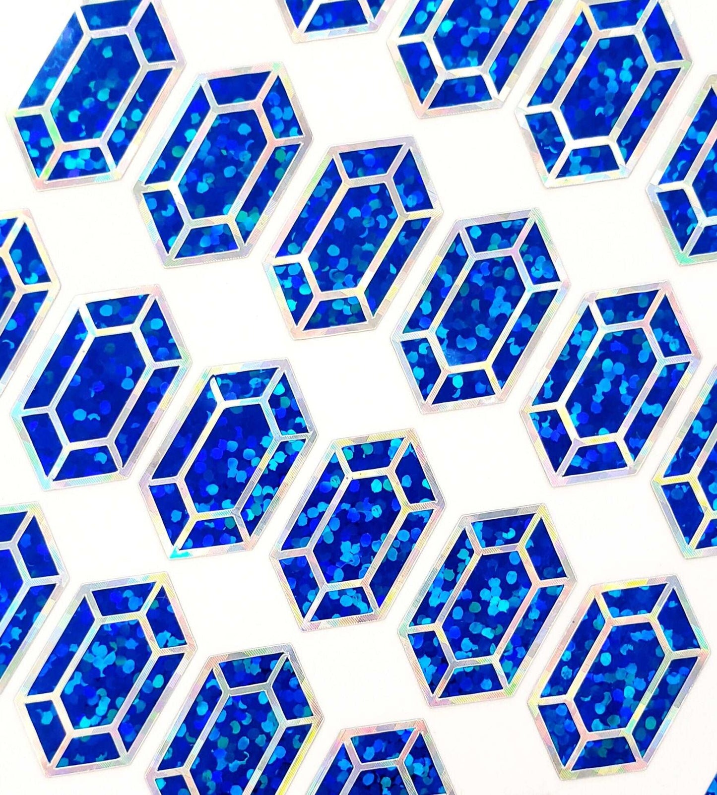 Blue gemstone stickers, set of 36 small sparkly sapphire blue gem shaped vinyl decals. Treasure stickers for gamers.