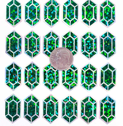Green gemstone stickers, set of 36 small sparkly emerald green gem shaped vinyl decals. Treasure stickers for gamers.