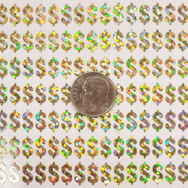 Gold Dollar Sign Money Stickers for household budgets, financial planning, and journals. Set of 350 extra small dollars, pay day stickers.