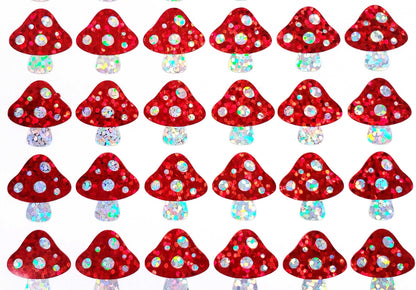 Mushroom Stickers, set of 48 small sparkly red capped mushroom decals for notebooks, journals, envelopes and cottage core decor.
