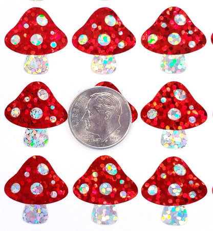 Mushroom Stickers, set of 48 small sparkly red capped mushroom decals for notebooks, journals, envelopes and cottage core decor.