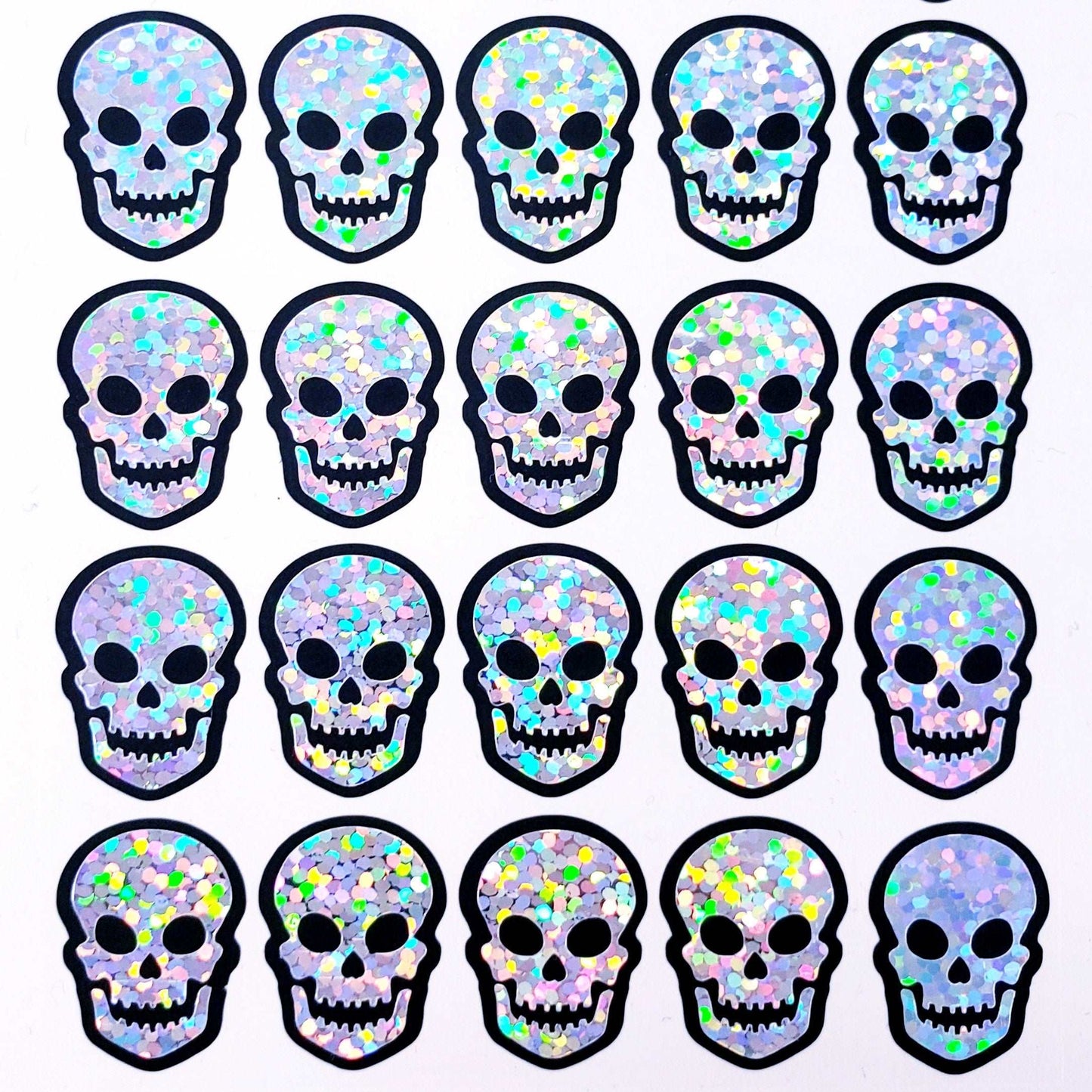 Sparkly Silver Skulls Sticker Pack, small silver skeleton stickers for journals and scrapbook pages, spooky Halloween glitter embellishments