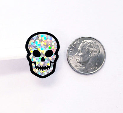 Sparkly Silver Skulls Sticker Pack, small silver skeleton stickers for journals and scrapbook pages, spooky Halloween glitter embellishments