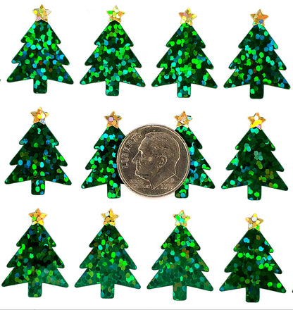 Christmas Trees Sticker Sheet, set of 50 Evergreen Pine Tree with gold star decorative stickers for ornaments, holiday cards and gift tags.