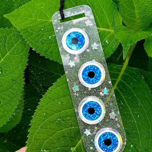 Evil Eye Bookmark with sparkly blue eyes, good luck talisman, ward off bad vibes, acrylic bookmark with tassel, small gift for readers