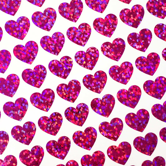 Pink Hearts Sticker Sheet. Set of 104 sparkly vinyl heart decals for planners, notebooks, journals, charts and crafts. Half inch hearts.