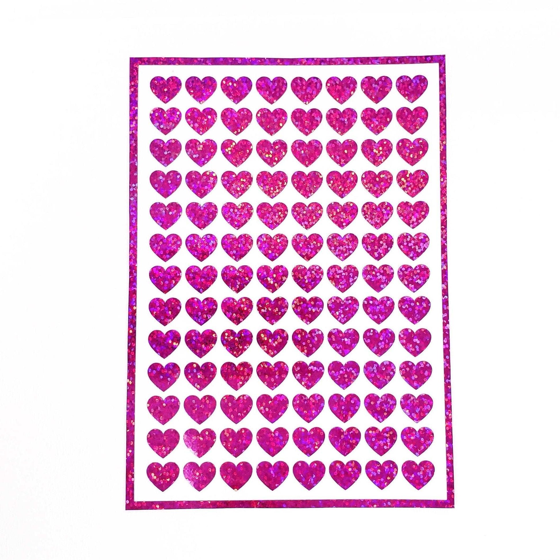 Pink Hearts Sticker Sheet. Set of 104 sparkly vinyl heart decals for planners, notebooks, journals, charts and crafts. Half inch hearts.