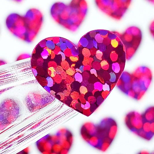 Pink Hearts Sticker Sheet. Set of 104 sparkly vinyl heart decals for planners, notebooks, journals, charts and crafts. Half inch hearts.