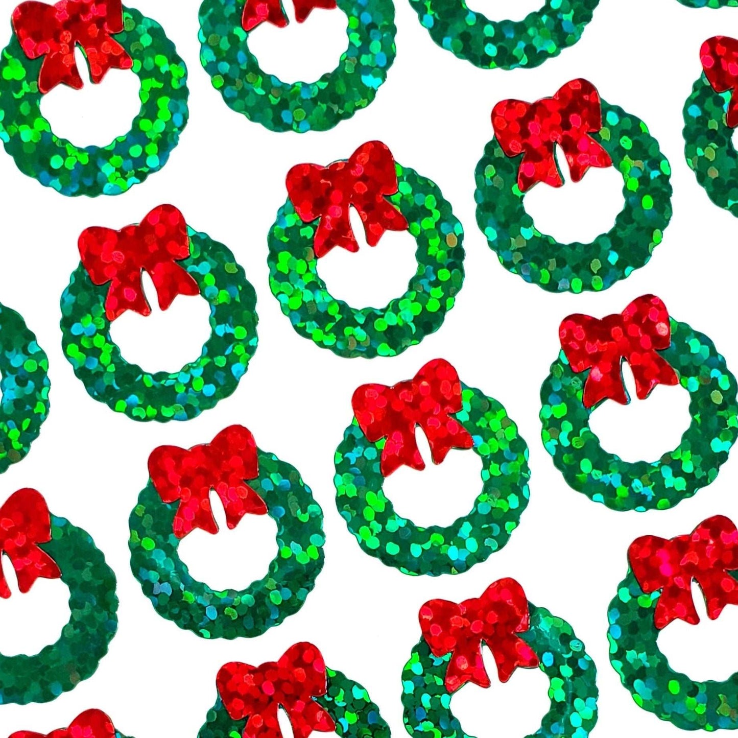 Christmas Wreath Stickers, set of 48 small glitter green wreath vinyl decals for holiday card envelopes, ornaments, gift tags and crafts.