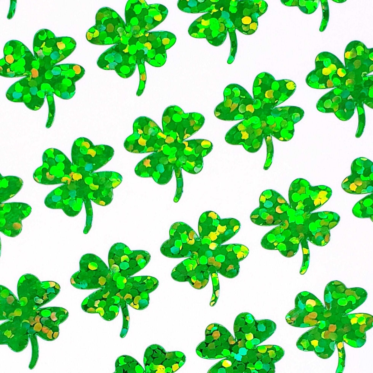 Green Clovers Sticker Sheet. Set of 104 four leaf clover glitter vinyl decals for teachers, journals and crafts. St. Patrick's Day Stickers.