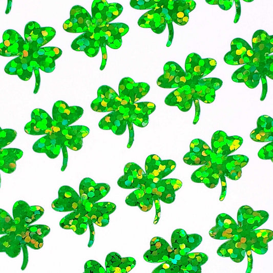 Green Clovers Sticker Sheet. Set of 104 four leaf clover glitter vinyl decals for teachers, journals and crafts. St. Patrick's Day Stickers.