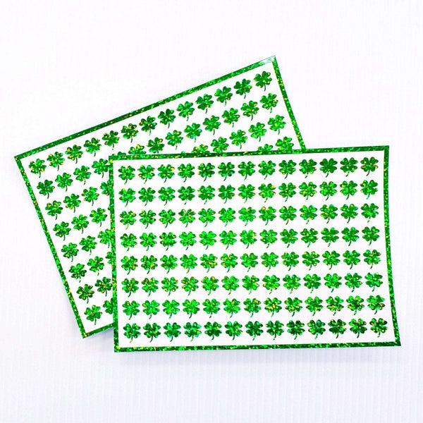 Green Clovers Sticker Sheet. Set of 104 four leaf clover glitter vinyl decals for teachers, journals and crafts. St. Patrick's Day Stickers.