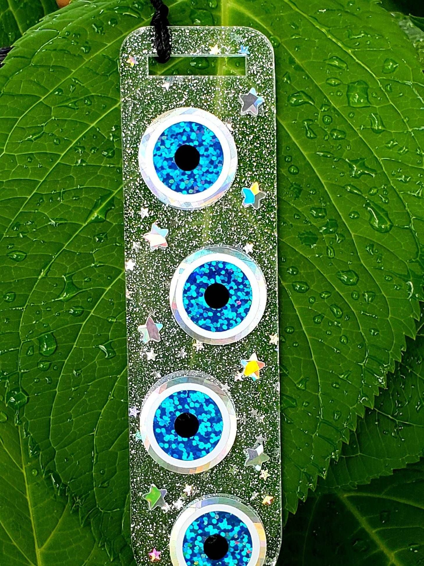 Evil Eye Bookmark with sparkly blue eyes, good luck talisman, ward off bad vibes, acrylic bookmark with tassel, small gift for readers