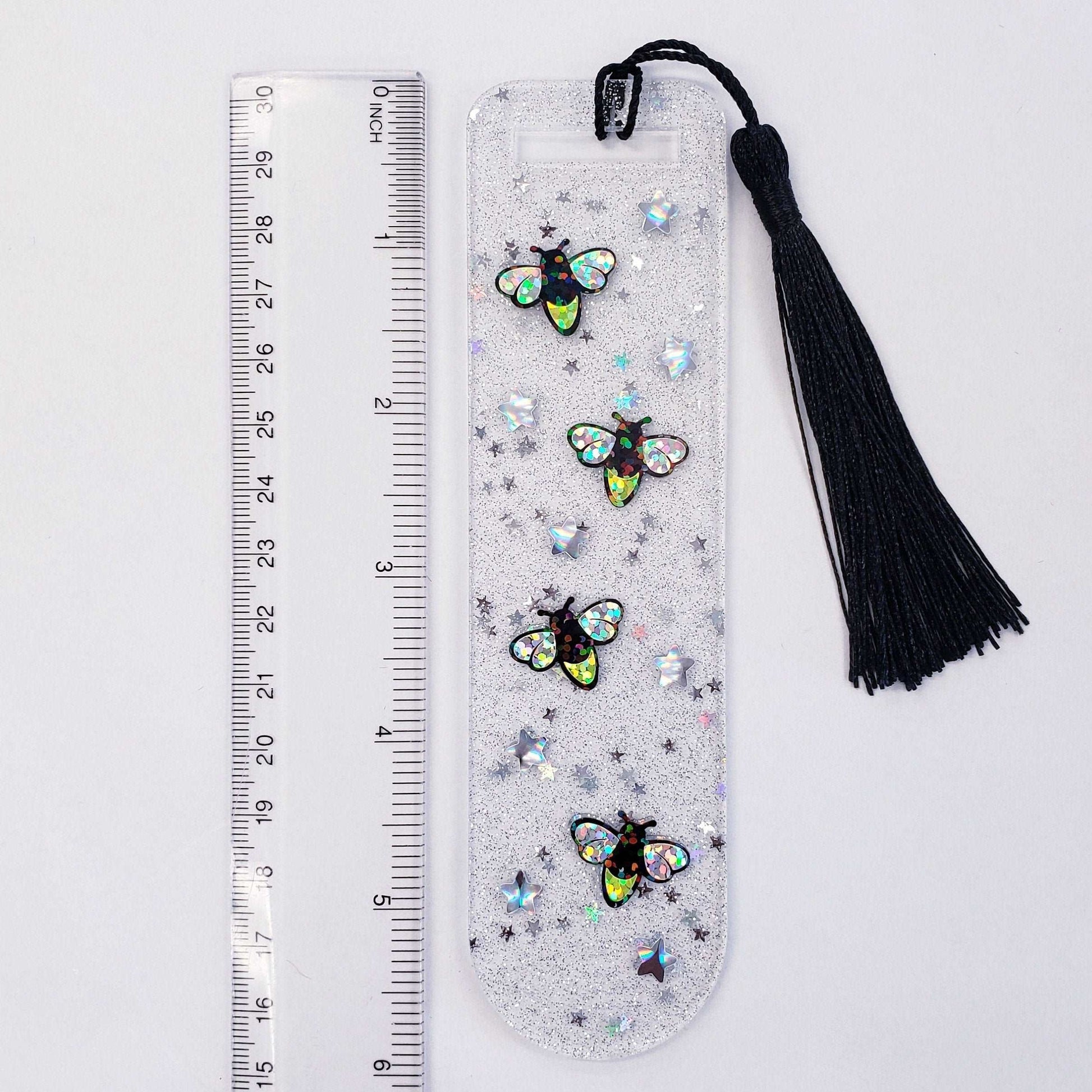 Firefly Bookmark, small gift for booklovers, clear acrylic plastic page holder with black tassel and firefly graphics