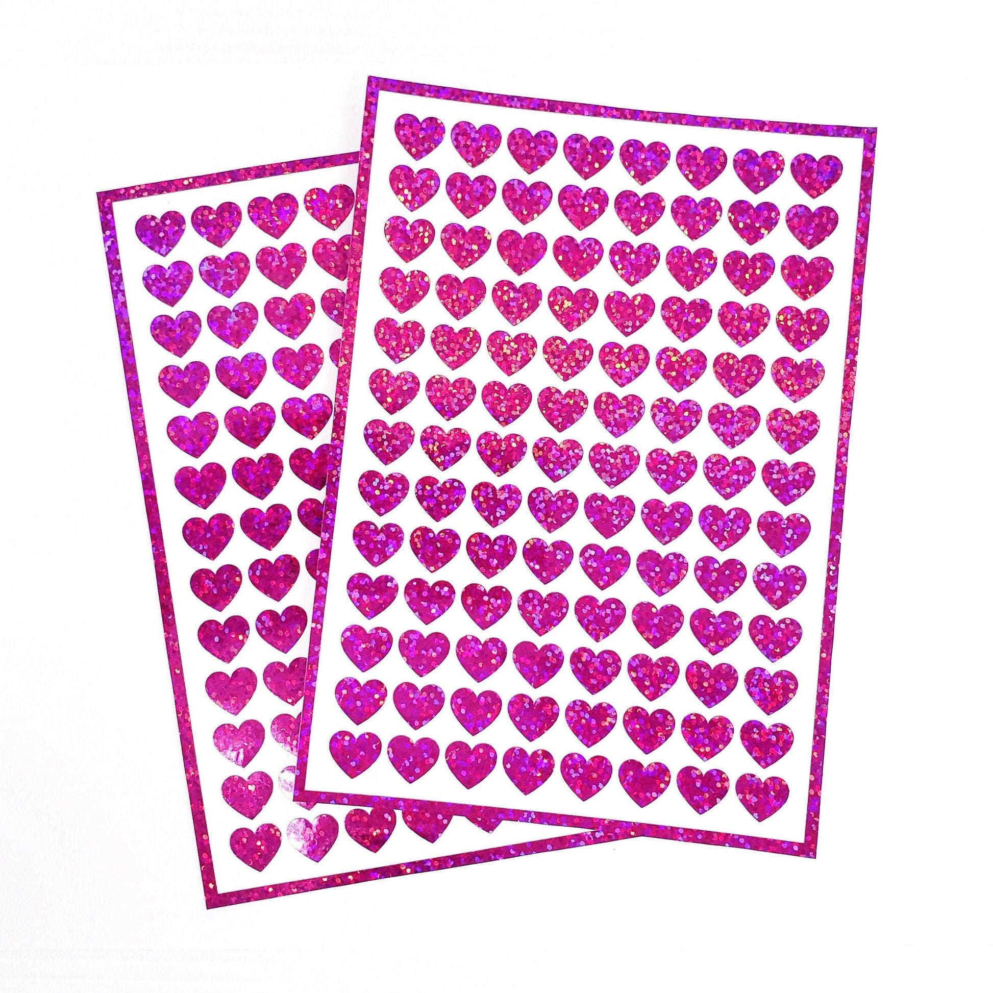 Pink Hearts Sticker Sheet. Set of 104 sparkly vinyl heart decals for planners, notebooks, journals, charts and crafts. Half inch hearts.