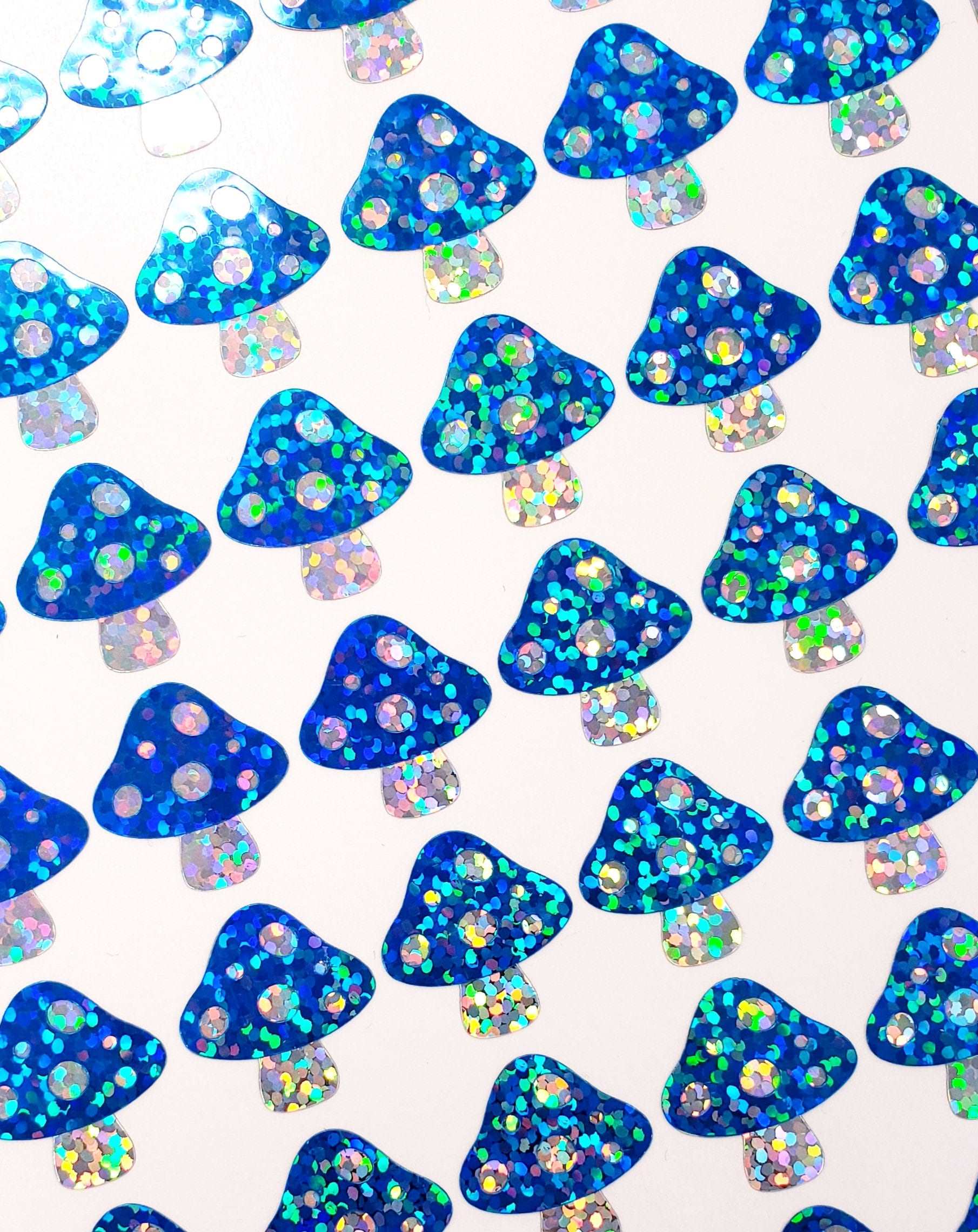 Blue Mushrooms Sticker Sheet, set of 48 small sparkly blue capped mushroom vinyl decals for notebooks, journals, envelopes Cottagecore decor