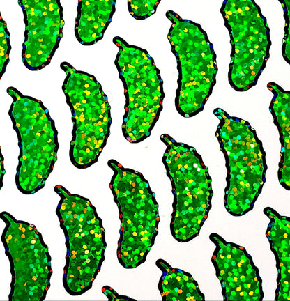 Pickles Sticker Sheet, set of 40 small sparkly green dill pickle vinyl decals for notebooks, journals and pickleball game schedules.