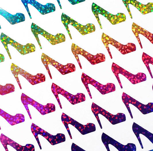 Rainbow High Heels Shoes Sticker Sheet. Set of 54 multi color sparkly high heeled shoes vinyl decals for envelopes, planners and journals.