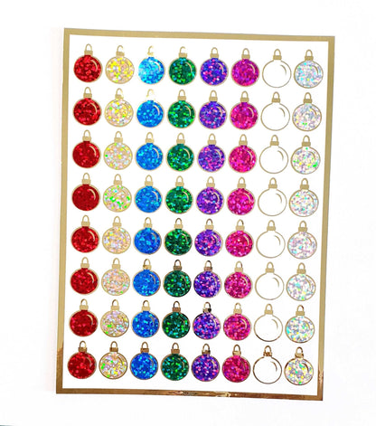 Christmas Ball Ornaments Sticker Sheet. Set of 64 small multi color with gold vinyl decals for holiday cards, gift tags and advent calendars