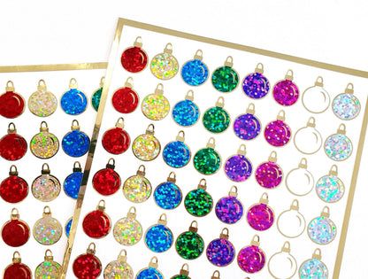 Christmas Ball Ornaments Sticker Sheet. Set of 64 small multi color with gold vinyl decals for holiday cards, gift tags and advent calendars