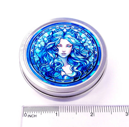 Goddess Gift Container. Small round metal tin with beautiful siren in blue graphics. Stocking Stuffer gift for her.