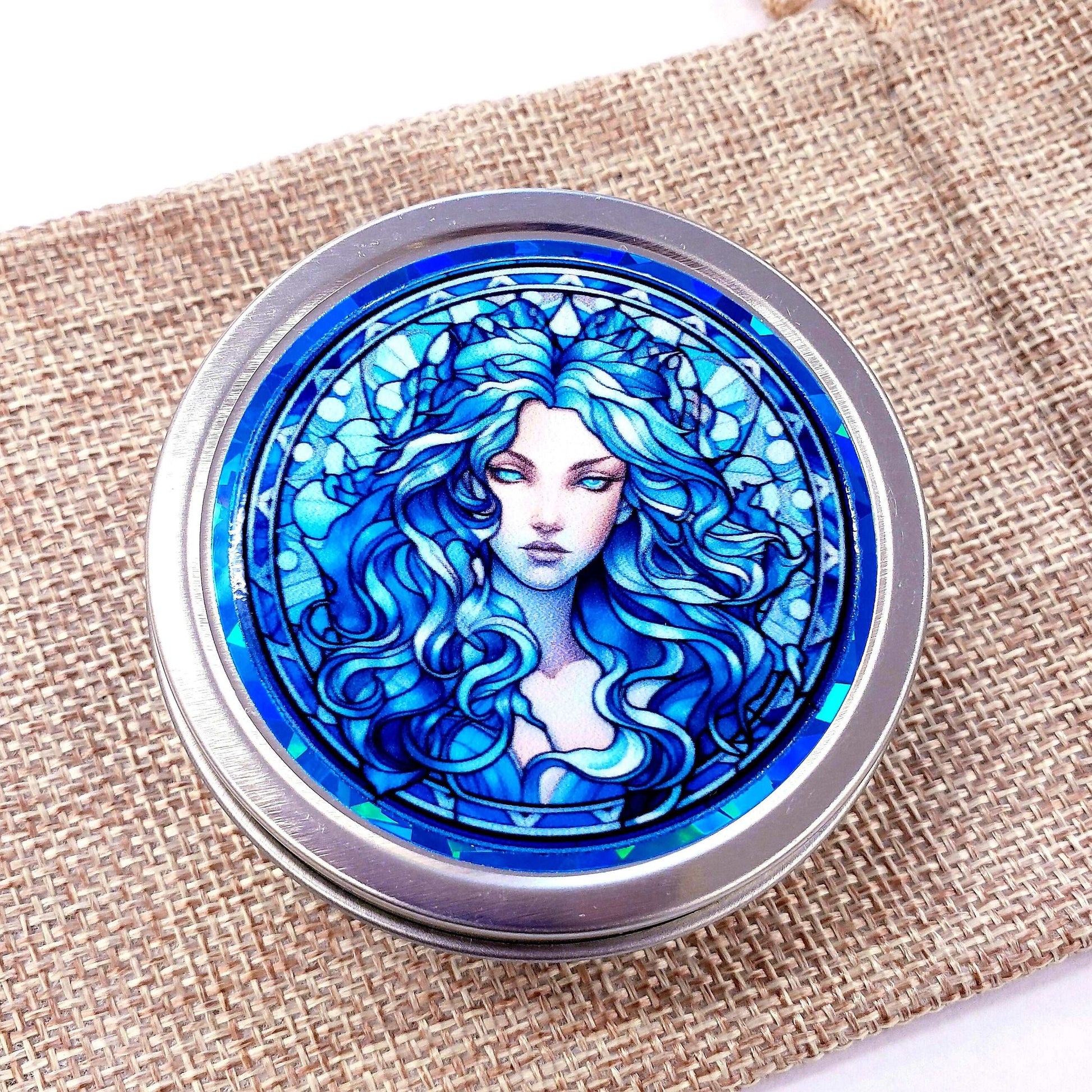 Goddess Gift Container. Small round metal tin with beautiful siren in blue graphics. Stocking Stuffer gift for her.
