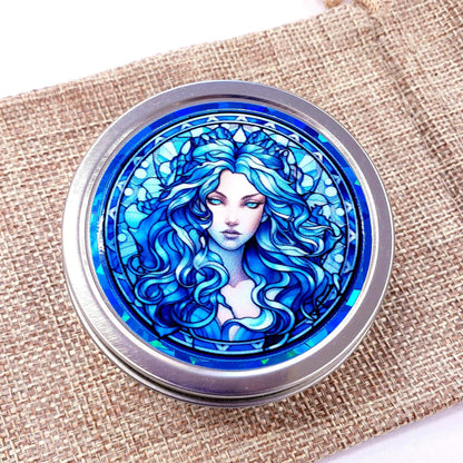 Goddess Gift Container. Small round metal tin with beautiful siren in blue graphics. Stocking Stuffer gift for her.